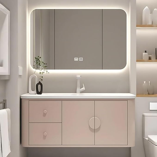 36IN Pink Modern Bathroom Vanity - Bathroom Vanities Set with 2 Drawers Wall Mounted | Rounded Corner Smart Defogging Mirror Cabinet with Lighting & Time Display, Side Opening Storage Shelf (Style A)