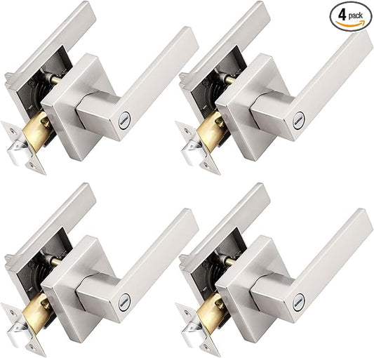 Probrico Interior Brushed Nickel Door Handle, Heavy Duty, Flat Square Privacy Door Handles, Keyless Door Levers Lockset for Bedroom and Bathroom (4 Pack, Modern)