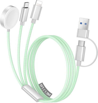 Temdan for Travel Vacation Essentials,3 in 2 USB C Cable for Apple Watch Charger/iPhone 17 Charger/Lightning,Multi Charging Cable Cord,Camping Essentials,Designed for iWatch &iPhone 16-12-5FT Green