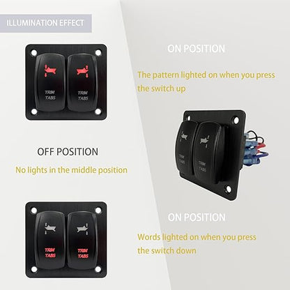 Red Led Trim Tabs Panel (ON)-Off-(ON) Momentary Rocker Switch Panel 3 Way Toggle Switch Panel for Marine Boat Pontoon Yacht Console 12V/20A 24V/10A Waterproof I