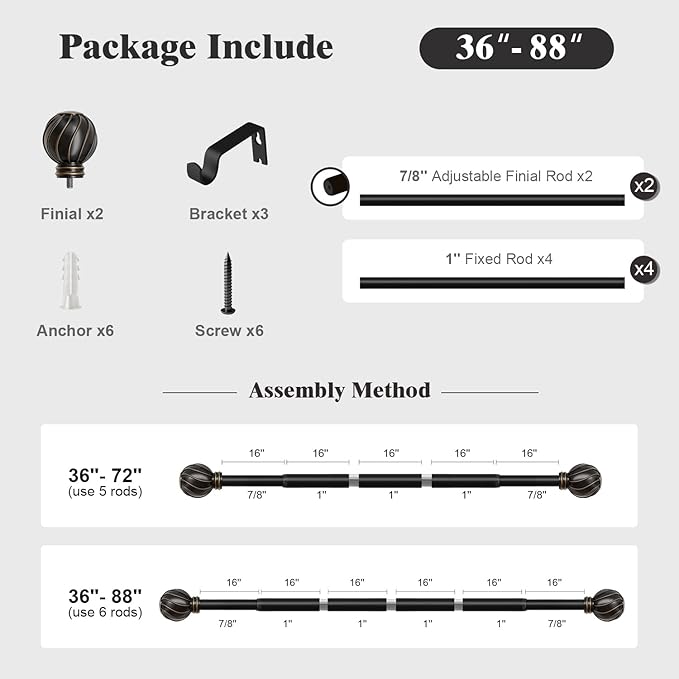 Oneach Black Curtain Rods for Windows 48 to 84 Inch, 7/8" Adjustable Heavy Duty Decorative Drapery Rods with Round Netted Texture Finials (Pack of 1, 36 to 88 Inch)
