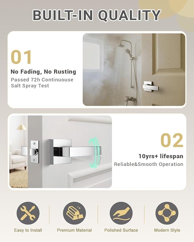 KNOBWELL 10 Pack Polished Chrome Door Handles Interior Modern Square Door Knob for Closet Hallway Pantry