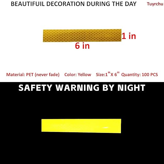 Non Fading Yellow Reflective Stickers 1 inch X 6 inch, Outdoor Waterproof High Visibility Warning Safety Adhesive Reflector Tape (100 Pcs)
