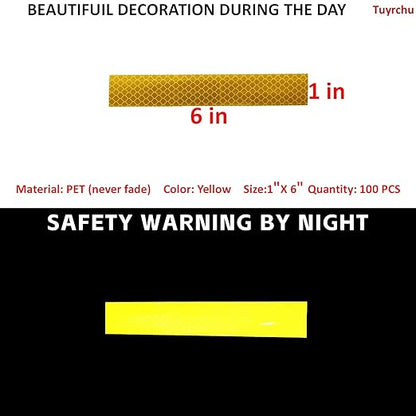 Non Fading Yellow Reflective Stickers 1 inch X 6 inch, Outdoor Waterproof High Visibility Warning Safety Adhesive Reflector Tape (100 Pcs)