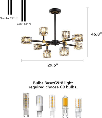 Black Sputnik Chandelier,Crystal Chandeliers with 8-Lights,Modern Semi Flush Mount Ceiling Light Fixture with Adjustable Height,Pendant Light Fixture for dining room,kitchen island,bedroom,living room