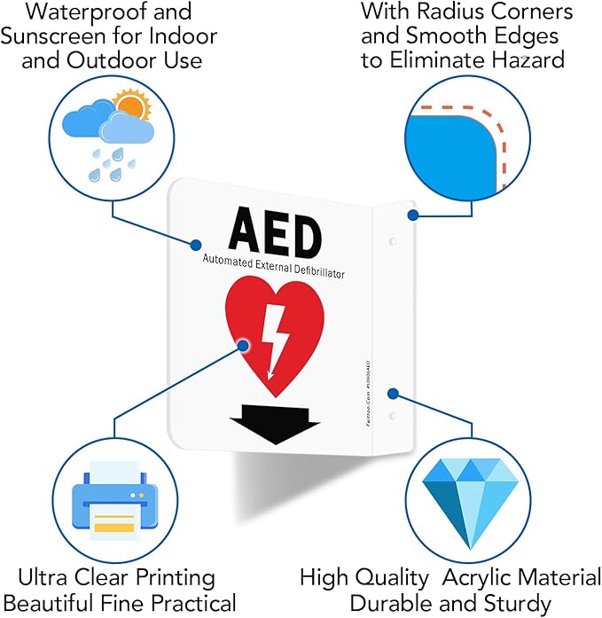 Faittoo AED Sign, AED Automated External Defibrillator with Down Arrow Sign, 6x6 Inches 90D Projection - Acrylic, 2 Pre-Drilled Holes, Includes Matching Screws, Use for Home Office/Business, 2 Pack