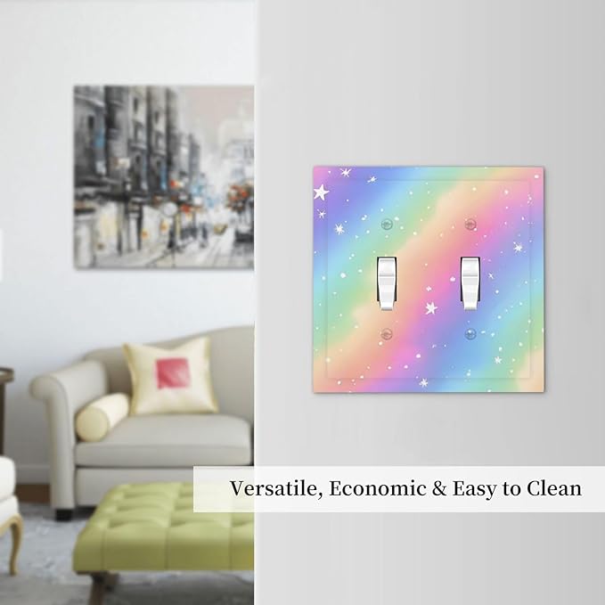 Decorative Light Switch Cover Plate Pink Blue Purple Iridescent Rainbow 2 Gang Outlet Covers Double Toggle Wall Plates for Electrical Outlets Switch Plate Covers Faceplate for Home Decor