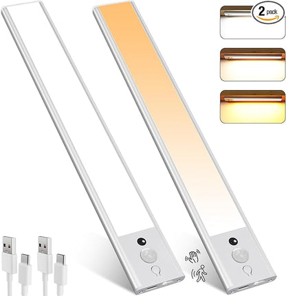 120 LEDs Under Cabinet Lights 3 Color Temps, 2 Pack 30CM Motion Sensor Light Indoor, 3000-6000K Dimmable Closet Lights, Rechargeable Under Counter Lights for Wardrobe, Kitchen, Stairs