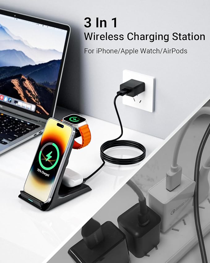 Wireless Charger for Thick Cases of 10MM/Otterbox/Popsocket Compatible, 3 in 1 Charging Dock for iPhone 17 16 15 14 13 Pro Max, Charging Station for Multiple Devices for Apple Watch/AirPods