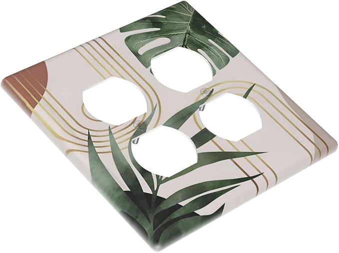 Decorative Outlet Covers Boho Mid Century Abstract Arch Green Leaves 2 Gang Wall Plate Double Duplex Light Switch Cover Switch Plate Covers for Bedroom Home Decor