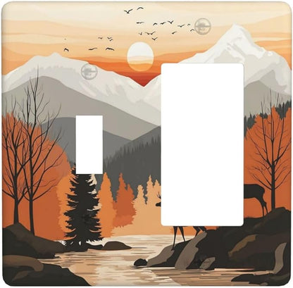 Sun Forest Deer Snow Mountain River Outlet Covers 1 Toggle 1 Rocker Combination Decorative Wall Plate Electrical Switch Plates Light Switch Cover Plate For Bed Room Living Room Decor