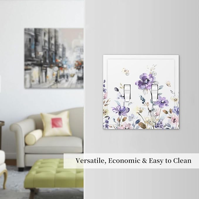 Decorative Switch Plates Purple Floral Lilac Watercolor Flower Leaves Butterfly Wildflower 2 Gang Double Toggle Wall Plate Outlet Light Switch Cover Electrical Faceplate for Bedroom Home Decor