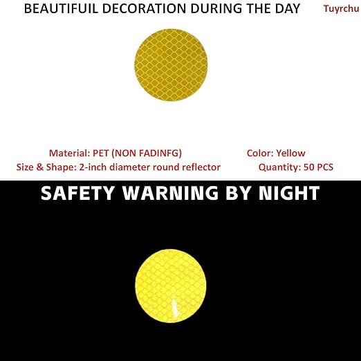 Non Fading Yellow Reflective Stickers 2-inch Diameter Round Reflector, Outdoor Waterproof High Visibility Warning Adhesive Tape (50 Pcs)