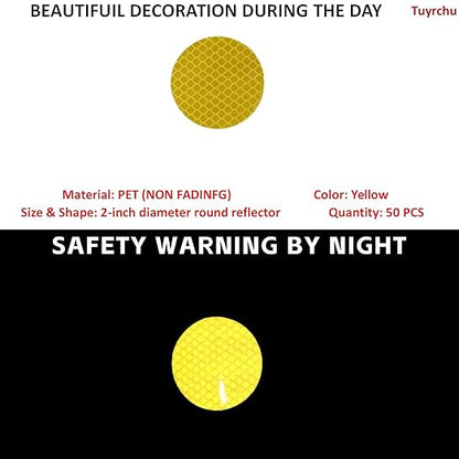 Non Fading Yellow Reflective Stickers 2-inch Diameter Round Reflector, Outdoor Waterproof High Visibility Warning Adhesive Tape (50 Pcs)