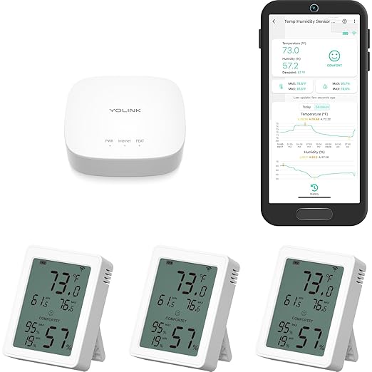 YoLink Indoor Thermometer Hygrometer 3-Pack YS8023 with LCD Comfort Display, Magnetic Mount for Kitchen Use, Max/Min Tracking, LoRa, 5-Year Battery, Alexa/IFTTT, Hub Included