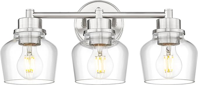 Emak Bathroom Light Fixtures Over Mirror, Brushed Nickel Vanity Light with Clear Glass Shade, 3-Light Vanity Lights for Bathroom, Mirror, Makeup Desk, VL122-BN-CG-3