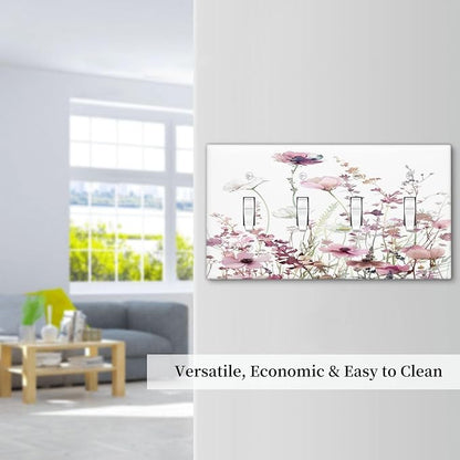 Floral Pink Watercolor Wildflowers Plant Flower Light Switch Covers Quad Toggle Electrical Faceplate 4 Gang Wall Plate Decorative Switch Plates Cover for Bedroom Living Room Decor