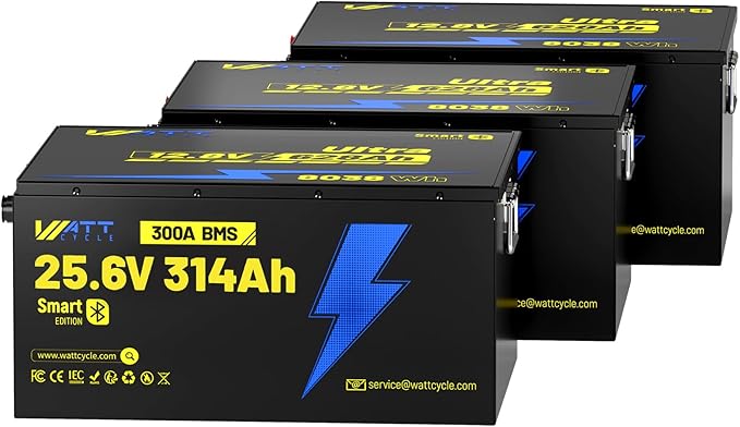 WattCycle 24V 314Ah Lithium Battery 3 Pack, 24V LiFePO4 Battery 300A BMS, LiFePO4 Battery 15000+ Deep Cycles, Rechargable Batteries Built-in Bluetooth, Perfect for Home Energy, RV, Marine, Solar