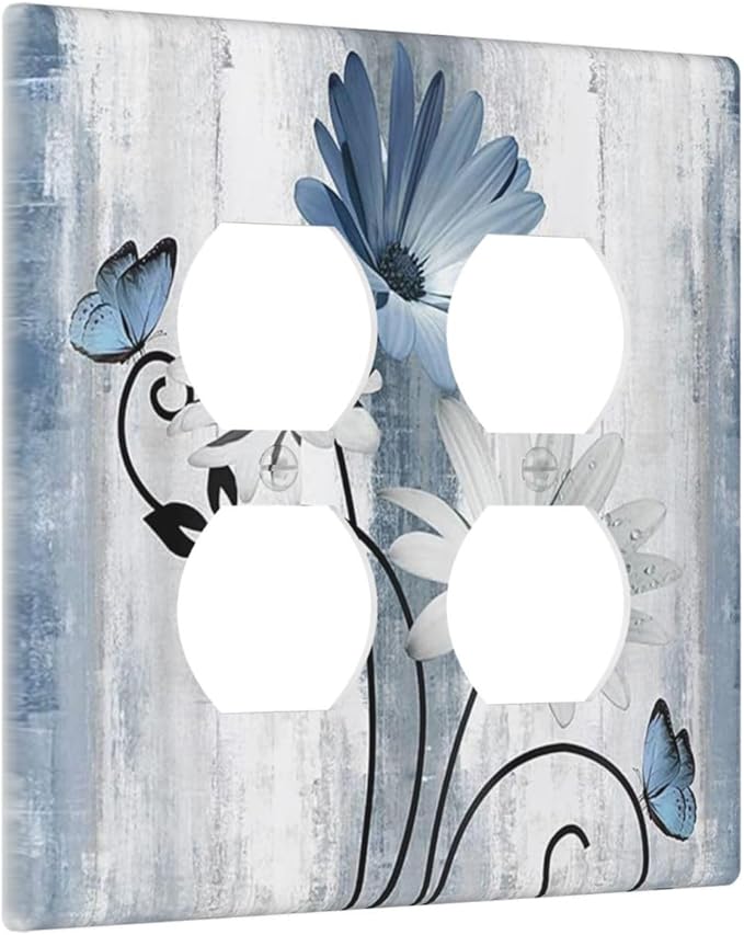 Decorative Outlet Covers Rustic Blue White Daisy Ink Flower 2 Gang Light Switch Cover Plate Double Duplex Wall Plates for Electrical Outlets Switch Plate Covers for Bedroom Home Decor