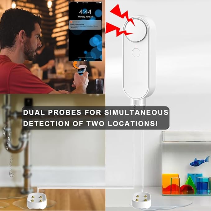WiFi Water Leakage Detector with Dual Probe, Smart Water Sensor Alarm, Detached 16.4FT Dual Detection Line, Left and Right Dual Alarms, Remote App Monitoring, Dual Alerts, AAA Battery Powered(Include)