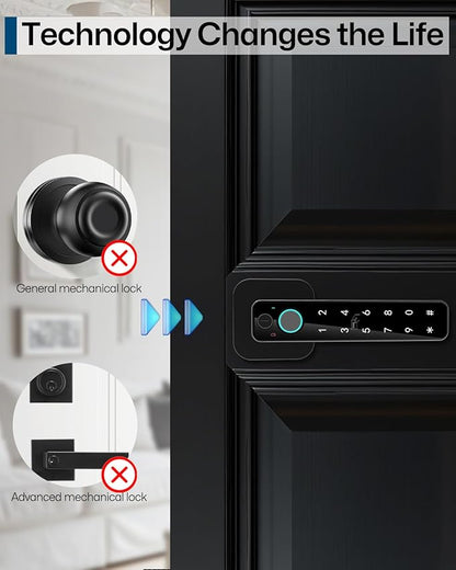 5-in-1 Smart Fingerprint Door Lock,Keyless Entry Digital Knob, Bluetooth App Control, Card and Key, Biometric Door Knob with Handle, Easy to Install for Exterior, Interior, Bedroom Doors