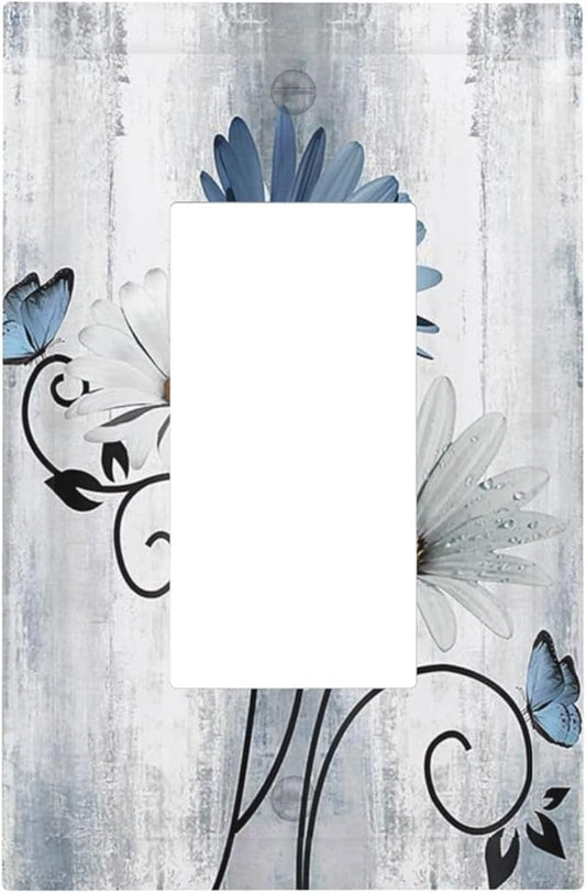 Decorative Outlet Covers Rustic Blue White Daisy Ink Flower 1 Gang Rocker Light Switch Cover Plate Single Wall Plates for Electrical Outlets Switch Plate Covers for Bedroom Home Decor