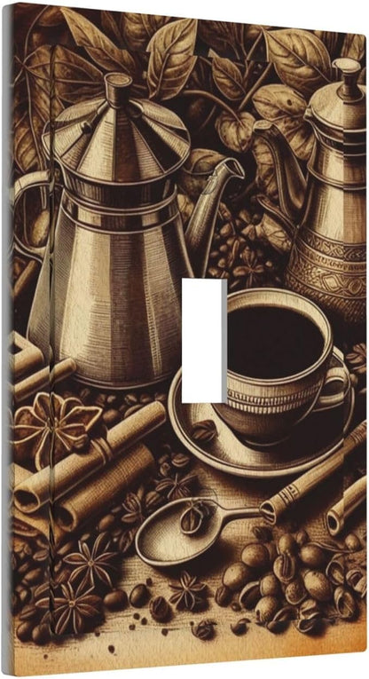 Decorative Light Switch Cover Plate Vintage Coffee Beans Leaf Cup 1 Gang Wall Plate Oversized Single Toggle Wall Cover Plate Jumbo Electrical Switchplate Faceplate