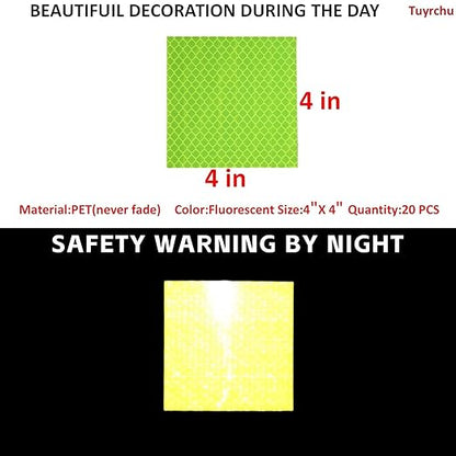 Non Fading Fluorescent Yellow Reflective Stickers 4 inch X 4 inch, Outdoor Waterproof High Visibility Safety Adhesive Reflector (20 Pcs)