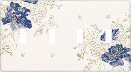 Decorative Light Switch Cover Plate Rustic Blue Flower Floral Gold Leaf 4 Gang Wall Plates for Electrical Outlets Quad Toggle Switch Plate Covers Outlet Covers Faceplate for Home Decor