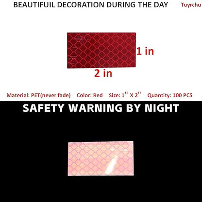 Non Fading Red Reflective Stickers 1 inch X 2 inch, Outdoor Waterproof High Visibility Warning Safety Adhesive Reflector Tape (100 Pcs)