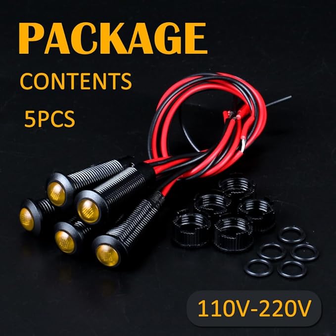5pcs 8mm LED Indicator Light Plastic Black Signal Dot Lamp 110-220VAC 5/16" Mounting Hole Size with 15cm/5.9in. Wire (Yellow LED)