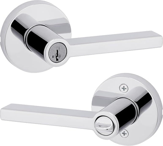 Kwikset Halifax Entry Door Handle with Lock and Key, Secure Round Keyed Reversible Lever Exterior, For Front Entrance and Bedrooms, Polished Chrome, Pick Resistant Smartkey Rekey Security and Microban