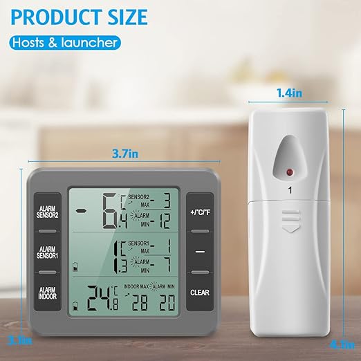 AMIR Upgraded Refrigerator Thermometer, Wireless Indoor Outdoor Thermometer, Sensor Temperature Monitor with Audible Alarm Temperature Gauge for Freezer Kitchen Home (Battery not Included, Grey)