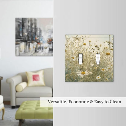 White Wildflowers Daisy Vintage Floral Decorative Switch Plates 2 Gang Double Toggle Outlet Light Switch Cover Wall Plate Electrical Faceplate for Bed Room Living Room Decor