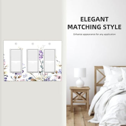 Light Switch Covers Purple Floral Lilac Watercolor Flower Leaves Butterfly Wildflower 3 Gang Rocker Electrical GFCI Decorative Triple Outlet Wall Plate Cover Switchplate for Bedroom Home