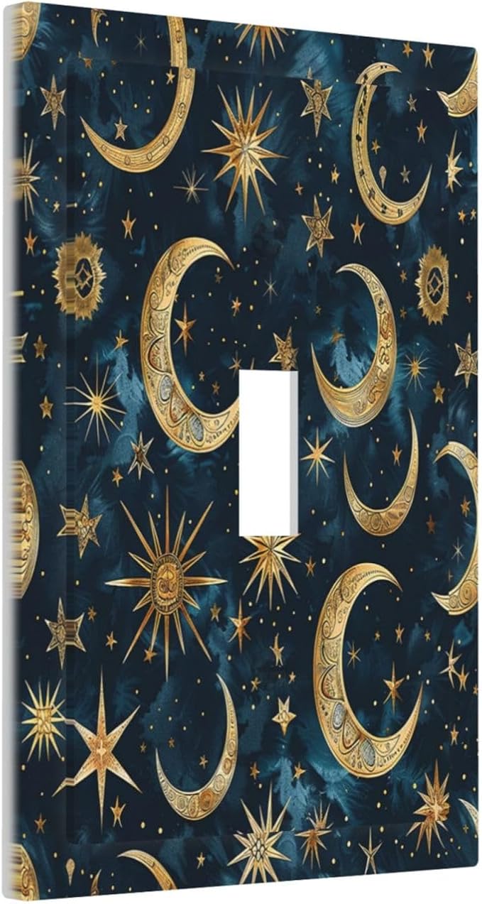 Decorative Light Switch Cover Modern Abstract Sky Blue Gold Moon Sun Star 1 Gang Single Toggle Device Electrical Faceplate Switchplates Decorator Outlet Wall Plate for Bedroom Kids room Decor