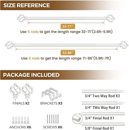 KAMANINA White Curtain Rods for Windows 48 to 84 Inch, Adjustable Single Curtain Rod 32 to 86 Inch(2.6-7.1ft), 3/4 Inch Splicing Drapery Rods with Twisted Cage Finial