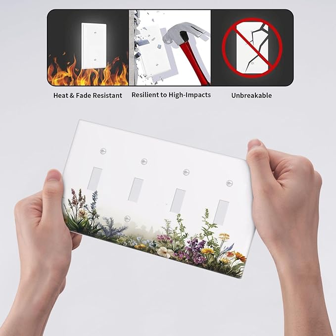 Light Switch Cover Plate White Background Colorful Flowers Plants Green Leaves 4 Gang Quad Toggle Wall Plate Electrical Outlet Cover Decorative Switch Plate Covers for Bedroom Home Decor