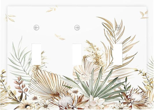 Decorative Switch Plates Boho Leaves Watercolor Tan Leaf Floral Plant 3 Gang Wall Plate Faceplate Triple Toggle Light Switch Cover Electrical Wall Panels for Bedroom Home Decor