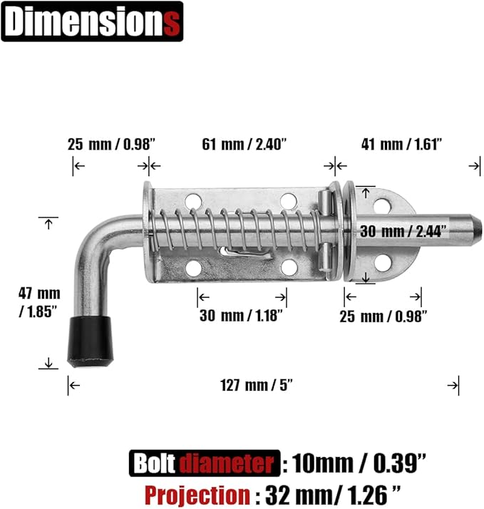 JQK Spring Loaded Latch Pin, 304 Stainless Steel Barrel Bolt Thickened 2mm Door Lock, 5 Inch Brushed Finished(10 Pack), HSB300-P10