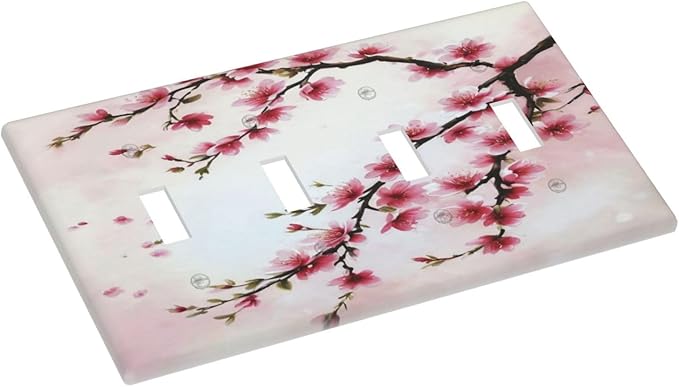 Branch with Pink Flowers Light Switch Covers Quad Toggle 4 Gang Wall Plate Decorative Switchplate Electrical Faceplate for Farmhouse Bathroom Living Decor