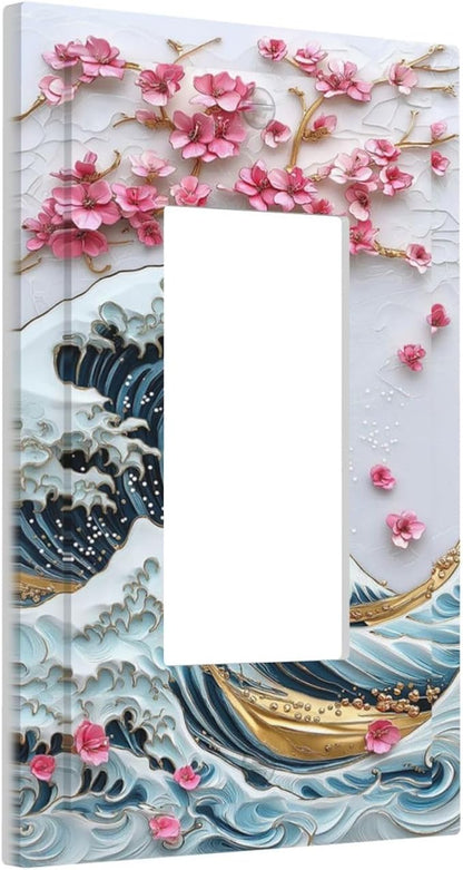 Decorative Outlet Covers The Great Wave Off Kanagawa With Sakura 1 Gang Single Rocker Light Switch Cover Plate Wall Plates GFCI Faceplate for Bedroom Bathroom Decor
