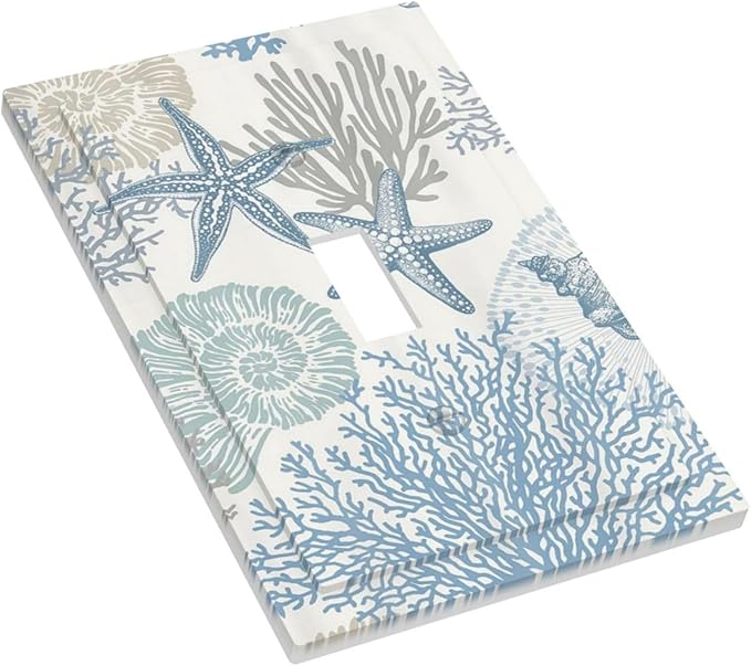 Decorative Light Switch Plate Covers Blue Starfish Coral Seaweed 1 Gang Light Switch Cover Plate Single Toggle Wall Plate Outlet Covers Faceplate for Bathroom Bedroom Decor （2 Pack）