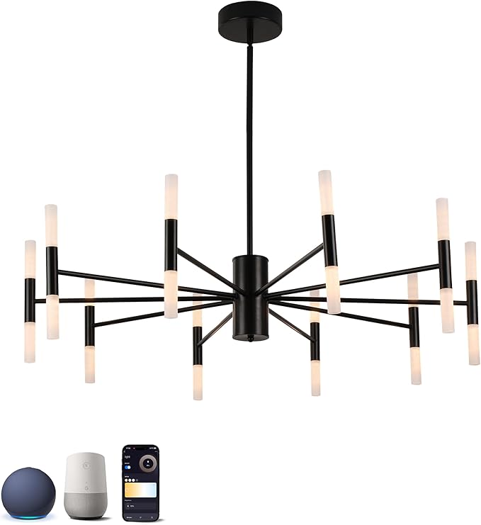 Modern Sputnik Chandelier Mid Century Black Chandeliers for Dining Room Living Room Kitchen Bedroom Support APP Voice Control Dimmable Smart LED Light Fixture(GB1337YY20-BK)