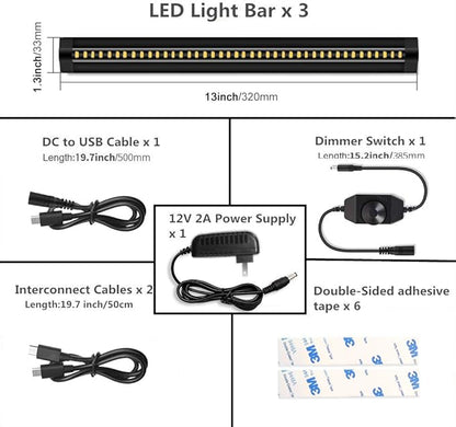 inShareplus LED Under Cabinet Lighting, 13 inch Dimmable, Warm White 3500K, CRI90+, 450Lumens, DC 12V Ultra Thin Under Counter Kitchen Lighting for Kitchen, Shelf, Cupboard, Black, 3 Pack