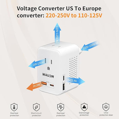 220 V to 110 V Voltage Converter, 20 W PD, Reduces 220 V to 120 V, U.S. to Europe Travel Converter for Over 80 Countries, Including Most European Countries, France, Germany, Italy and Australia