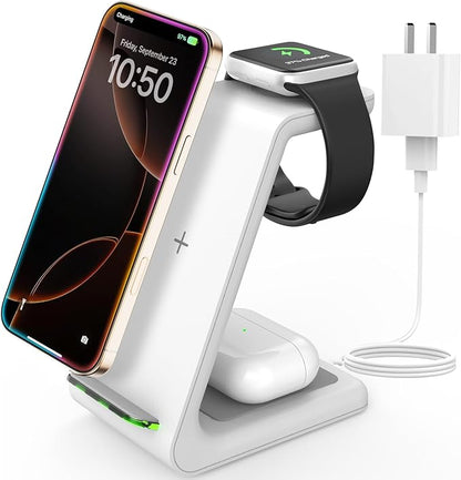 Wireless Charger for iPhone Charging Station: 3 in 1 Phone Charger Stand for iPhone 17/16/15/14/13/12/11/SE/X Pro Max Plus - Apple Watch 11/10/9/Ultra 2/8/SE/7/6/5 - AirPods 4/Pro 2/3