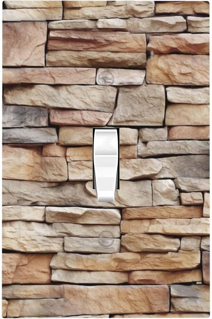 Decorative Light Switch Cover Stone Textured Brown Brick Natural Stone 1 Gang Single Toggle Device Electrical Faceplate Switchplates Decorator Outlet Wall Plate For Farmhouse Cabin Decor
