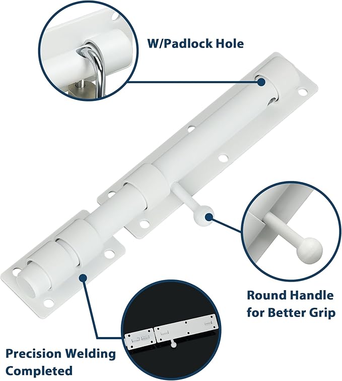 Alise 10 inch Barrel Bolt Latch,Slide Bolt Latch,Heavy Duty Solid SUS304 Stainless Steel Slide Lock for Wooden Fence,Barn Door,Interior or Outdoor Door White MS9200-W
