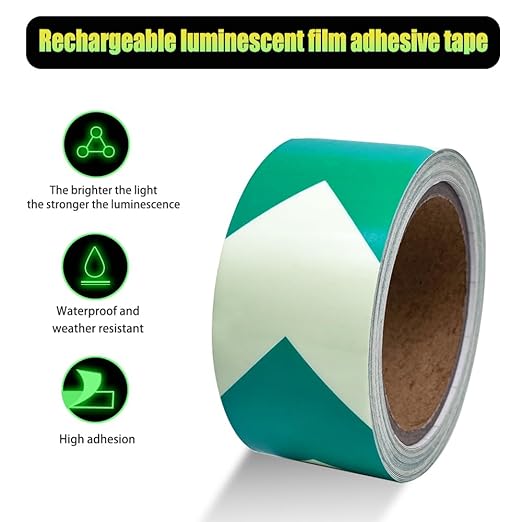Arrow Glow in The Dark Tape - 15 Ft x 2 in - Rechargeable Glow Tape in The Dark - Safety Warning Tape, Night Decorations, and Home Marking (GreenArrow)